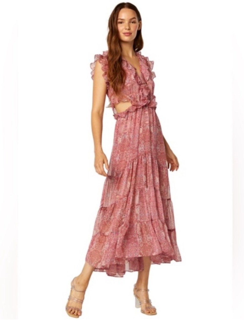 NWT MISA Los Angeles Natasha pink ruffle maxi dress, size M